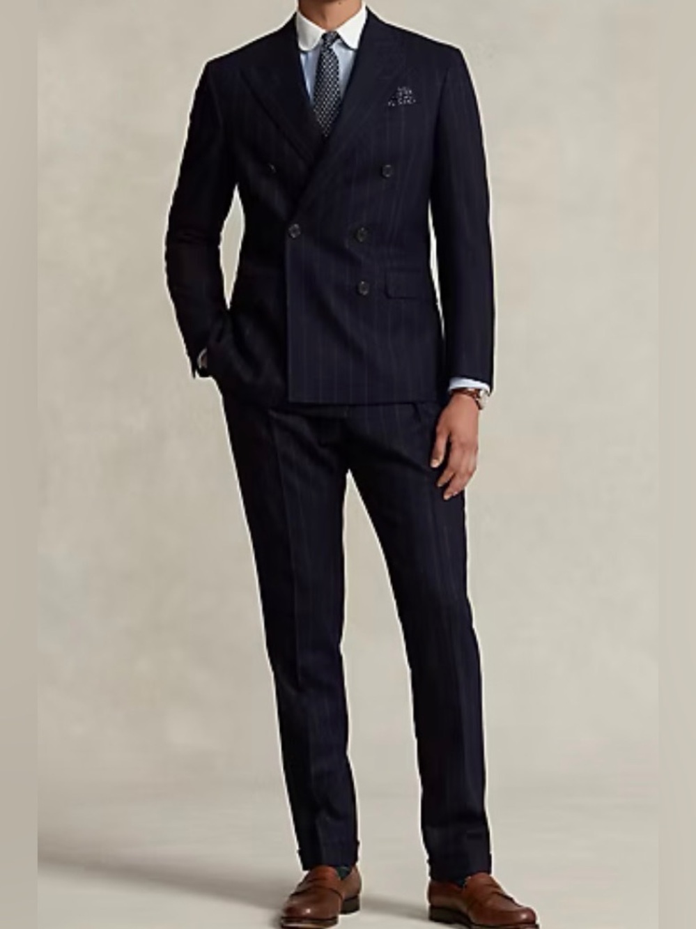 Polo Ralph Lauren 36R Navy Double Breasted Chalk Stripe Wool Flannel Suit Italy